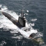 INS Kalvari, lead Scorpene-class boat of the Indian Navy submarine fleet, at sea