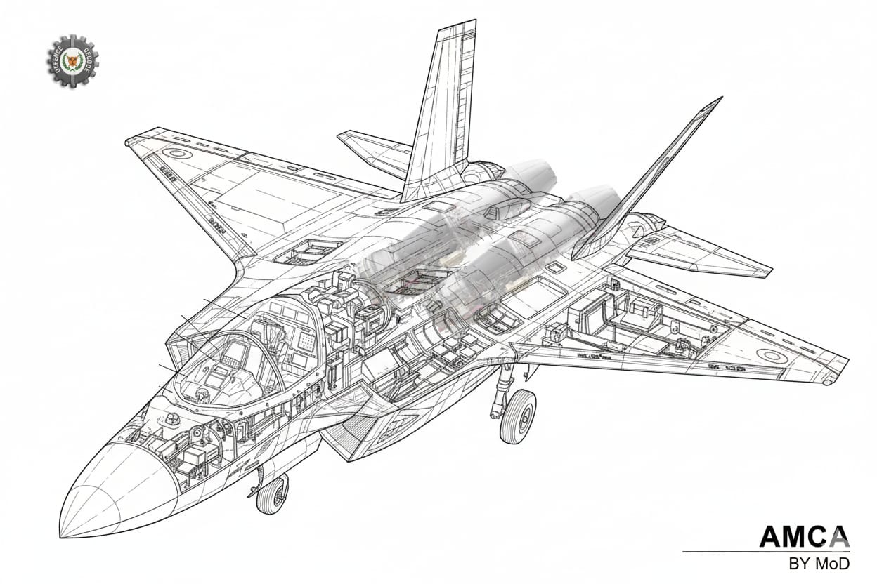 AMCA Fighter Jet cutaway diagram showing internal layout and stealth fighter design
