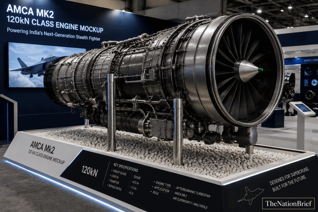 Digital illustration of a 120 kN class engine concept for India's AMCA Mk2 stealth fighter
