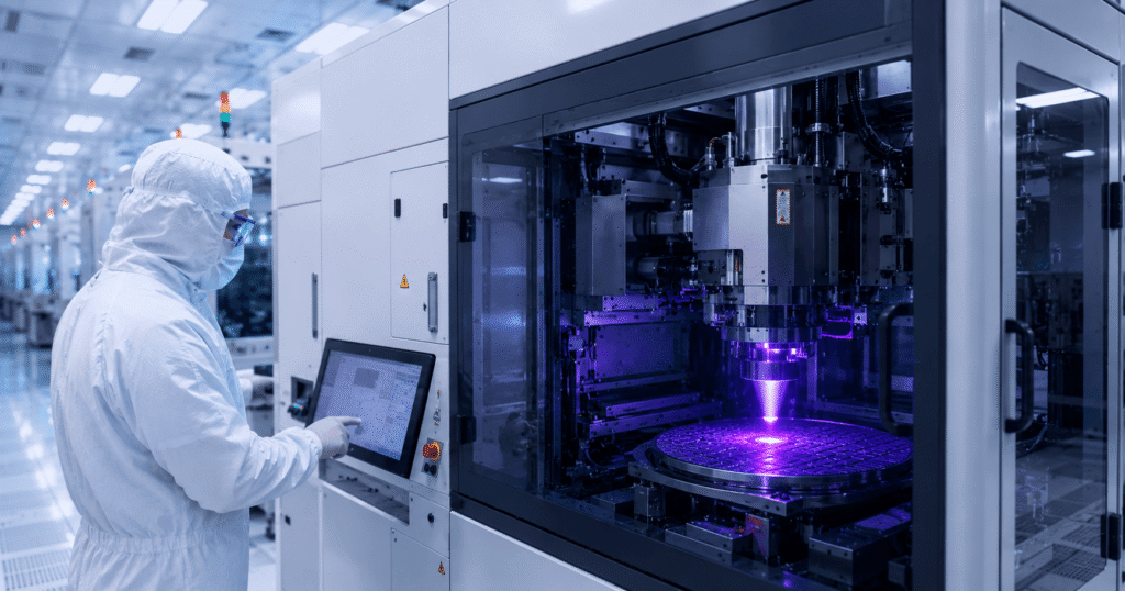 Engineer operating an advanced lithography machine in a semiconductor cleanroom — a key chokepoint in the chip war