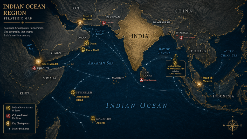 Map of Indian Ocean chokepoints and sea lanes guarded by the Indian Navy submarine fleet