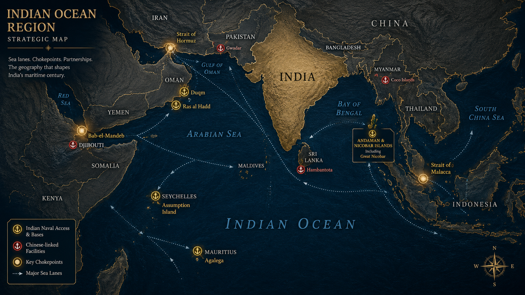 India's maritime doctrine map showing Indian Ocean strategic bases, chokepoints and sea lanes