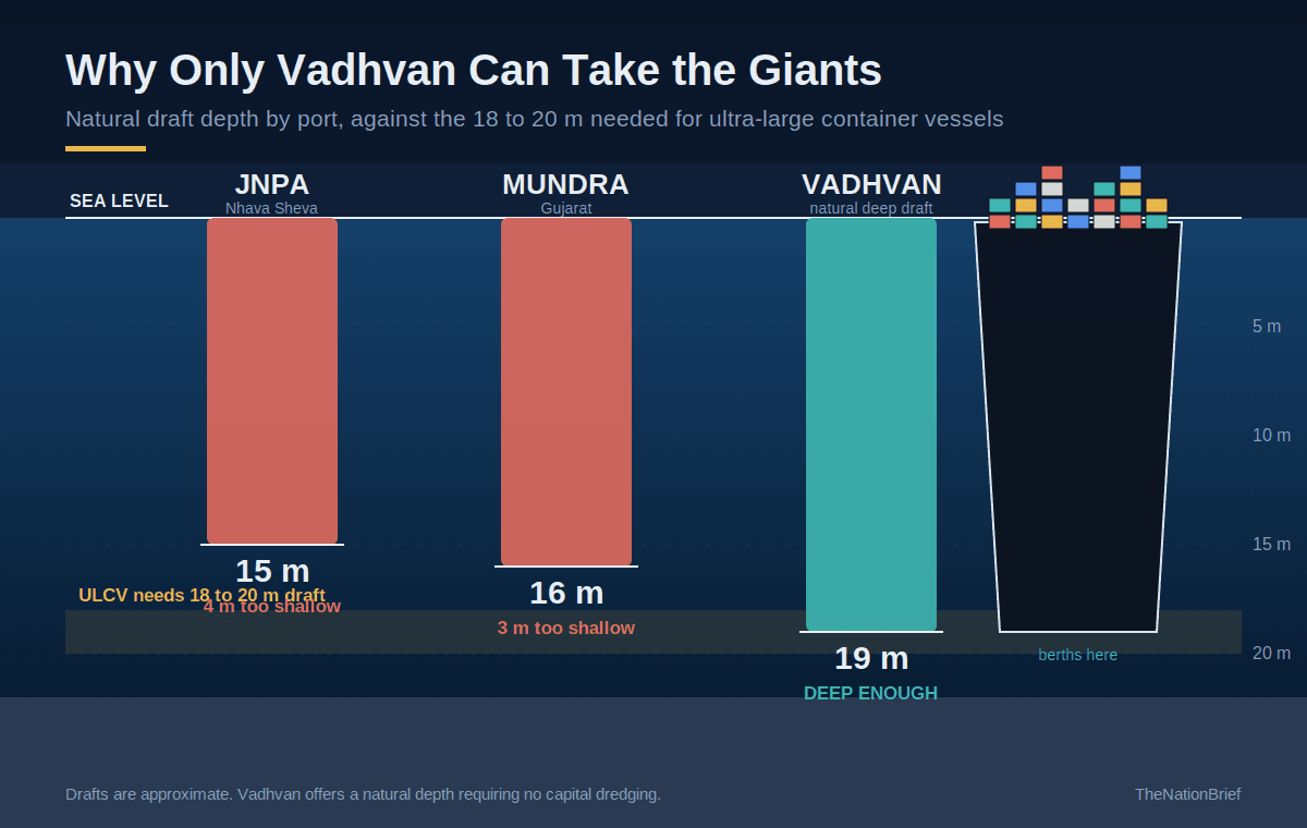 Draft depth comparison showing Vadhvan Port at 18 to 20 metres against JNPA and Mundra