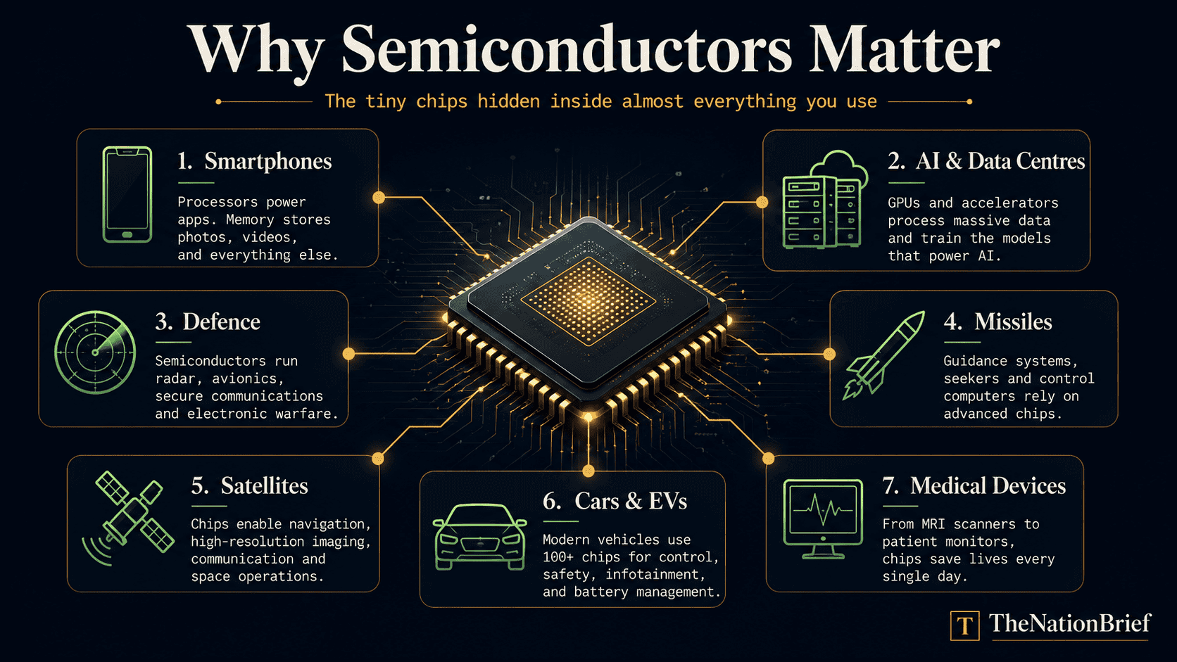 Why semiconductors matter: chips power smartphones, AI, defence, missiles, satellites, cars and medical devices