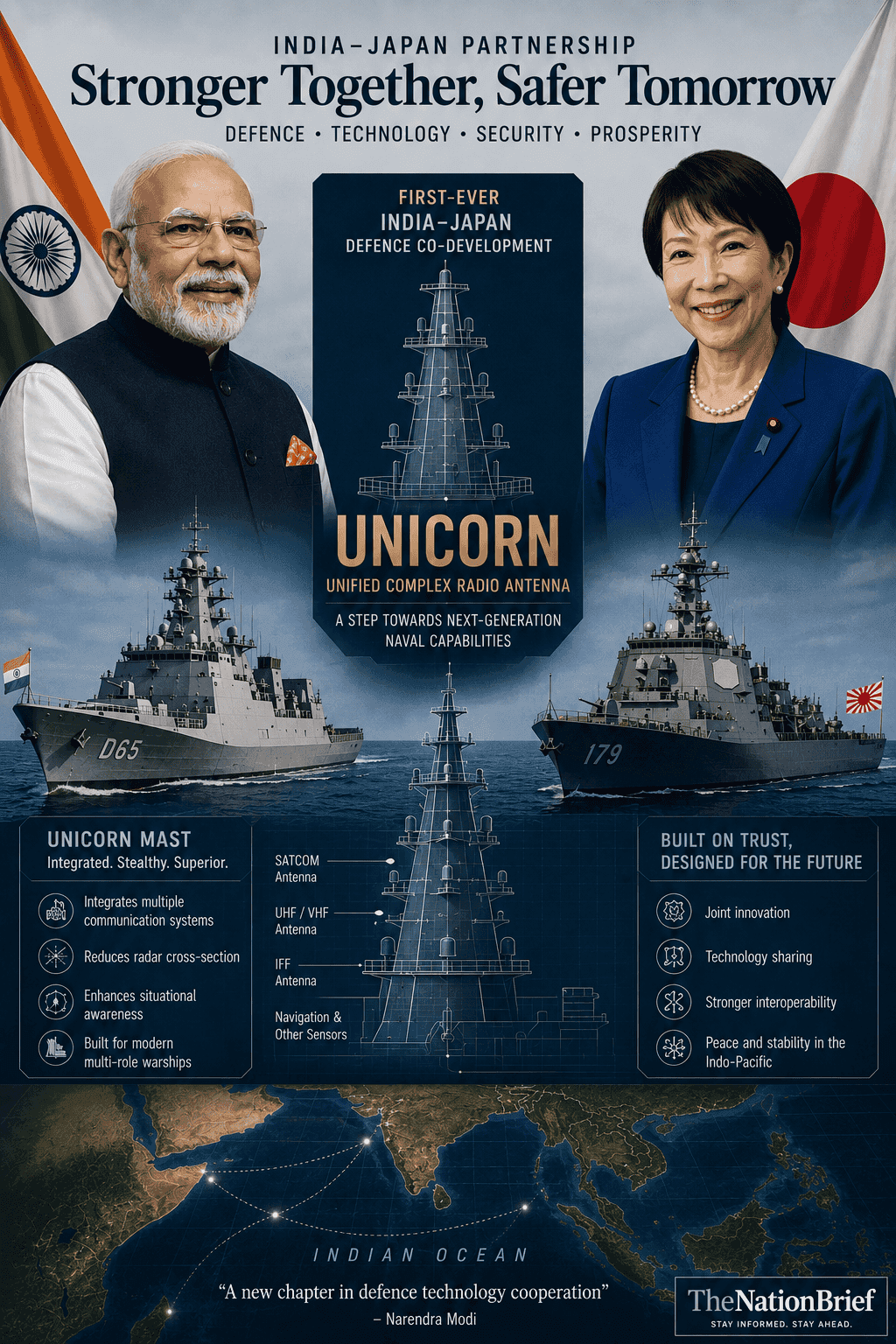 Infographic showing the India–Japan strategic partnership, featuring Prime Minister Narendra Modi and Prime Minister Sanae Takaichi, the UNICORN naval antenna project, Indian and Japanese warships, and cooperation in defence technology and Indo-Pacific security.