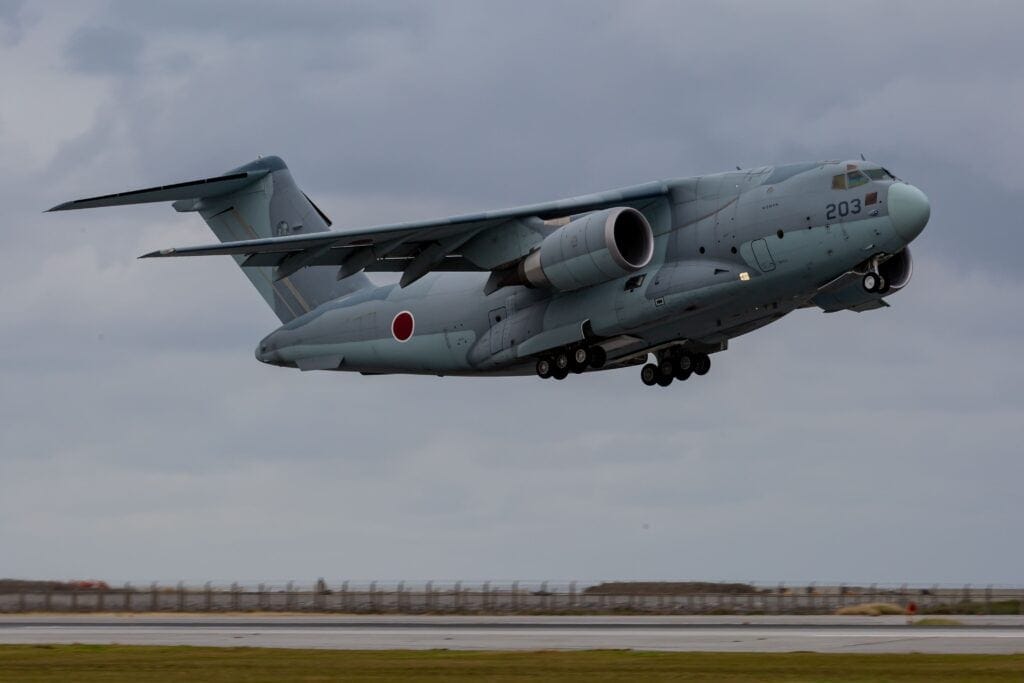Kawasaki C-2 transport aircraft taking off, a contender for India's MTA programme