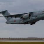 Kawasaki C-2 transport aircraft taking off, a contender for India's MTA programme