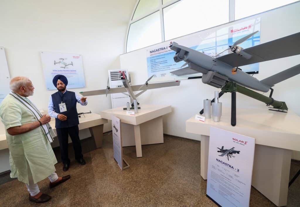 Nagastra-1 and Nagastra-2 loitering munitions on display, examples of India's existing drone strike capability