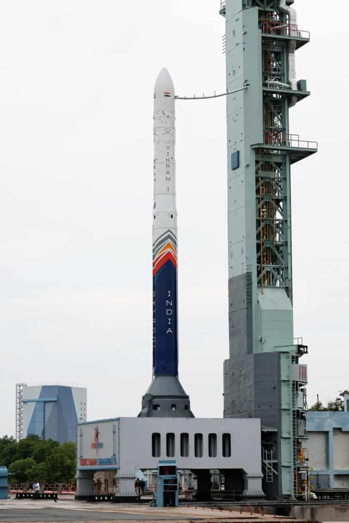 Skyroot Vikram-1 rocket on the launch pad at Satish Dhawan Space Centre ahead of India's first private orbital launch