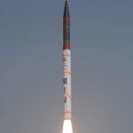 Agni-4 nuclear-capable ballistic missile lifting off during a launch from Odisha