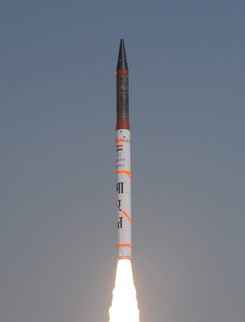 Agni-4 nuclear-capable ballistic missile lifting off during a launch from Odisha